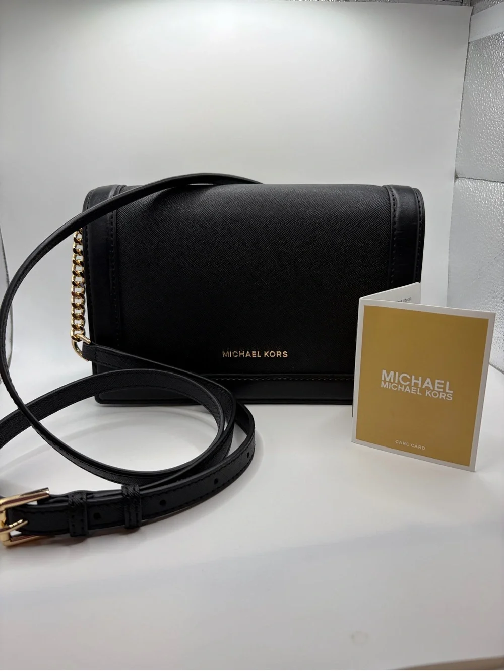 Michael Kors Black Saffiano Leather Crossbody with Gold Chain Accent